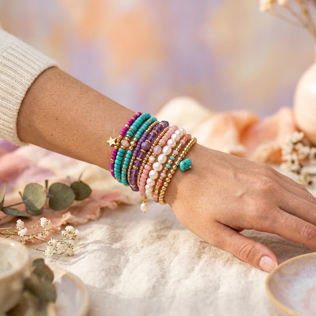 Handcrafted beaded bracelets layered on an artisan display tray
