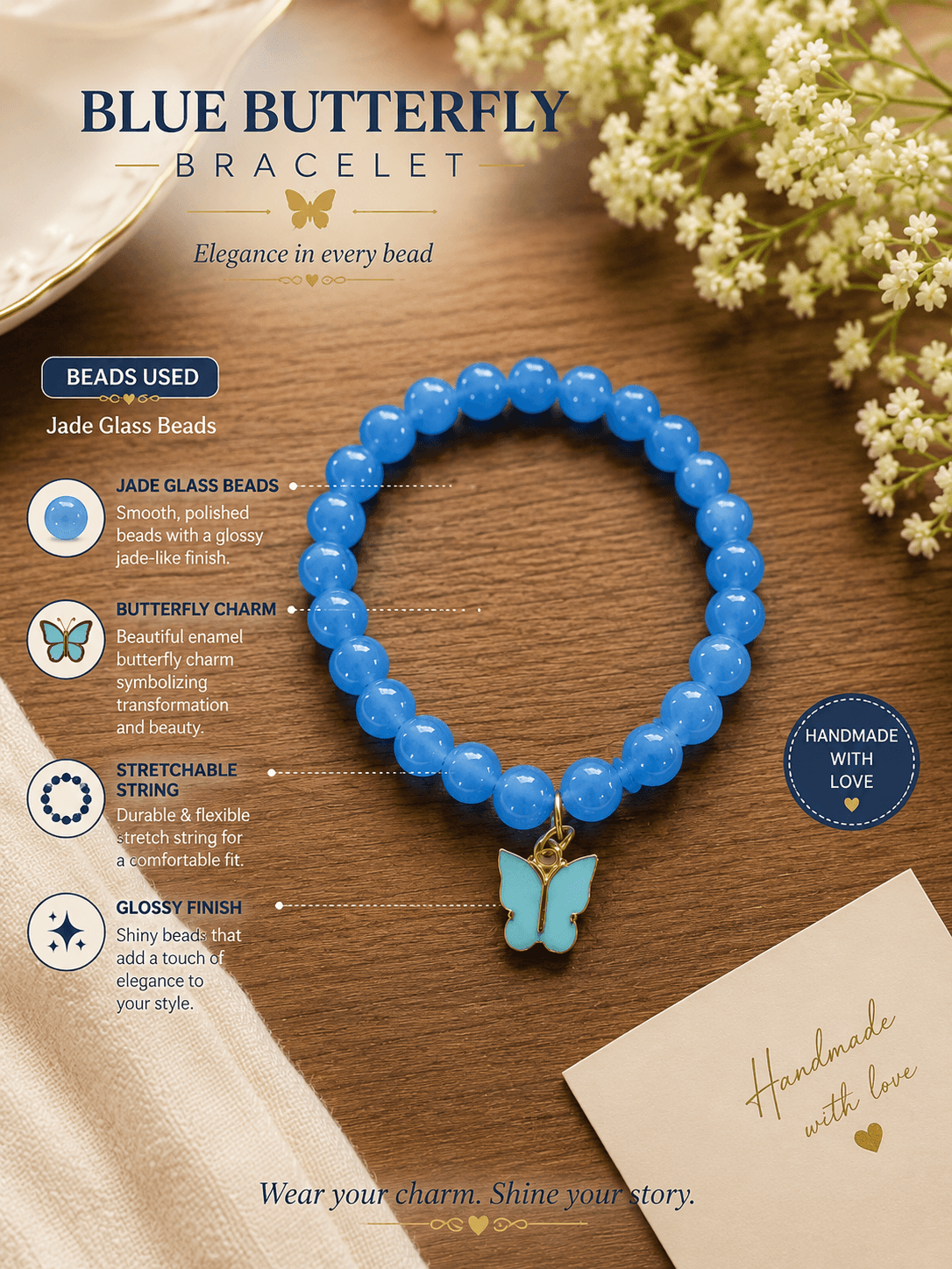 Artisan Blue Jelly Bead & Butterfly Charm Stretch Bracelet | Handmade Jewelry view 3