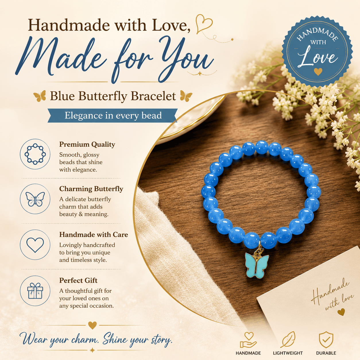 Artisan Blue Jelly Bead & Butterfly Charm Stretch Bracelet | Handmade Jewelry view 4
