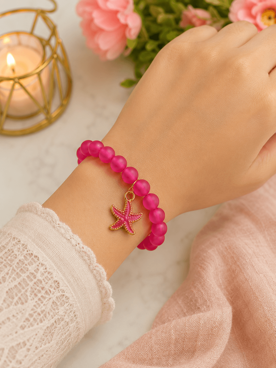 Artisan Hot Pink Jelly Bead & Starfish Charm Stretch Bracelet | Handmade Jewelry view 3