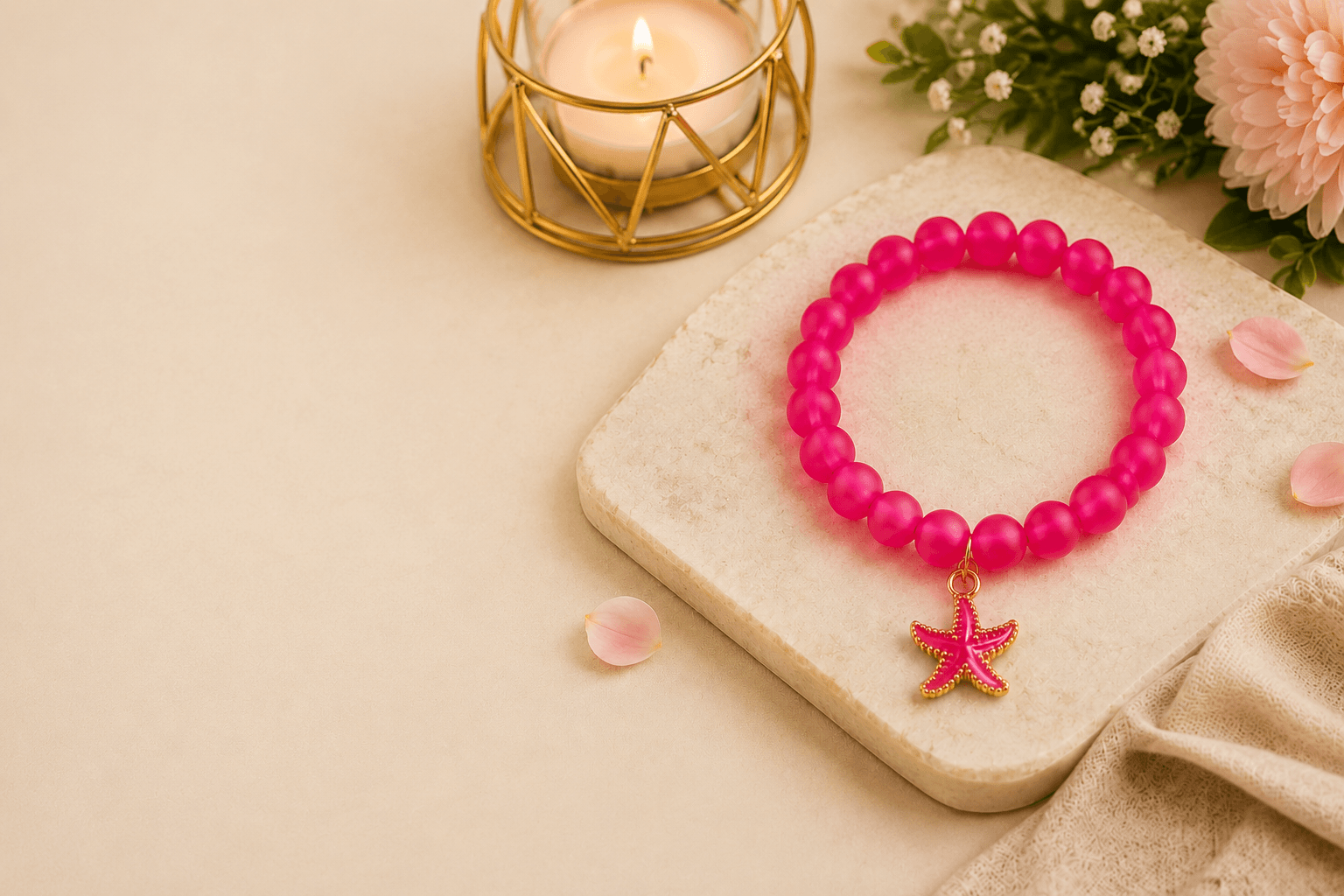Artisan Hot Pink Jelly Bead & Starfish Charm Stretch Bracelet | Handmade Jewelry view 2