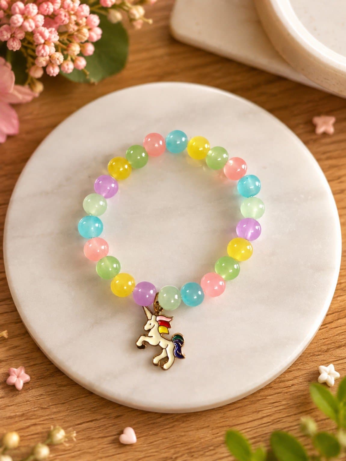 Artisan Pastel Rainbow Jelly Bead & Unicorn Charm Stretch Bracelet | Handmade Jewelry