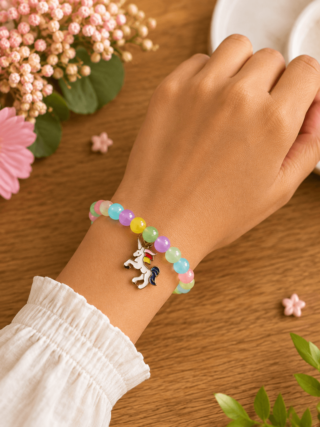 Artisan Pastel Rainbow Jelly Bead & Unicorn Charm Stretch Bracelet | Handmade Jewelry view 2