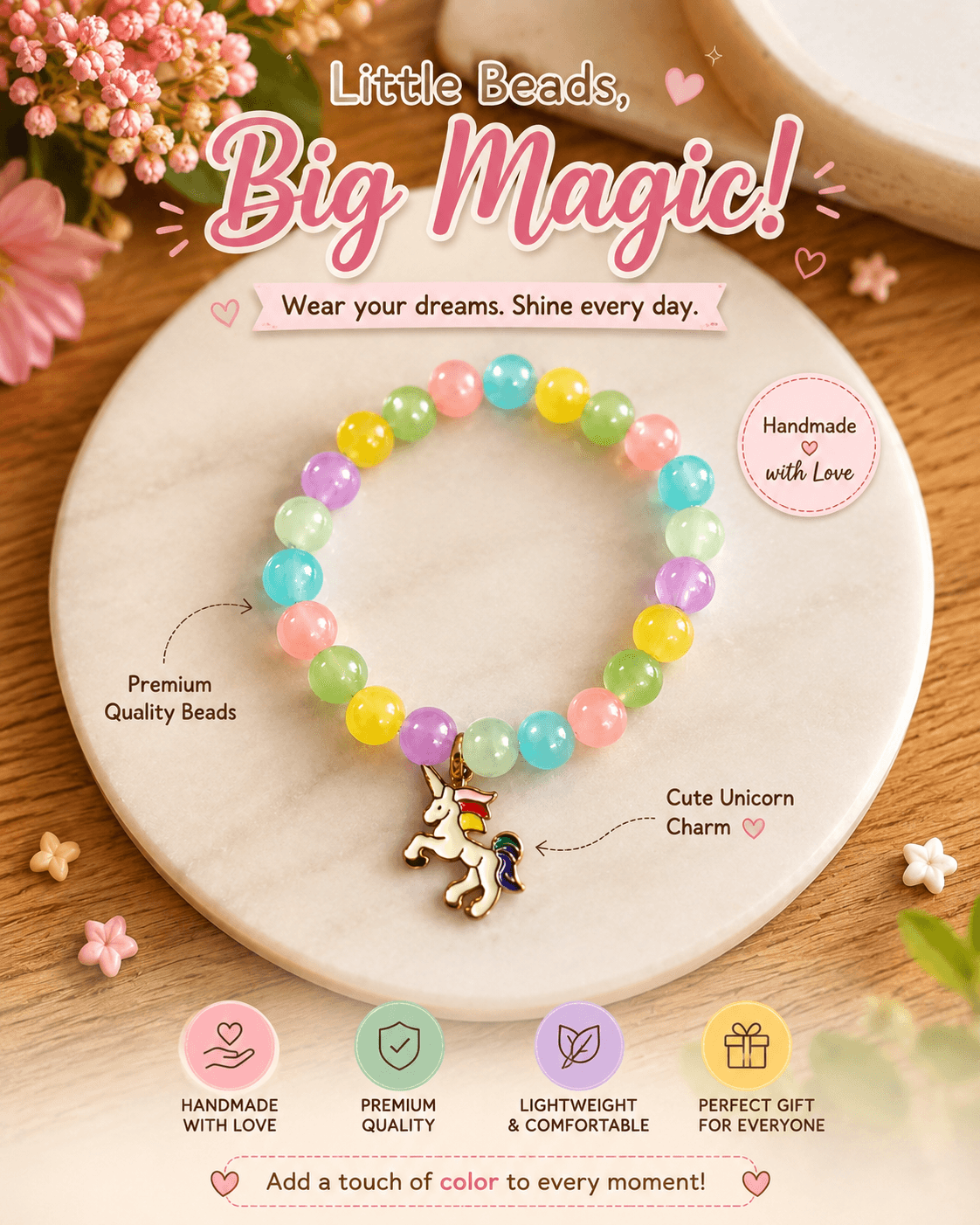Artisan Pastel Rainbow Jelly Bead & Unicorn Charm Stretch Bracelet | Handmade Jewelry view 3