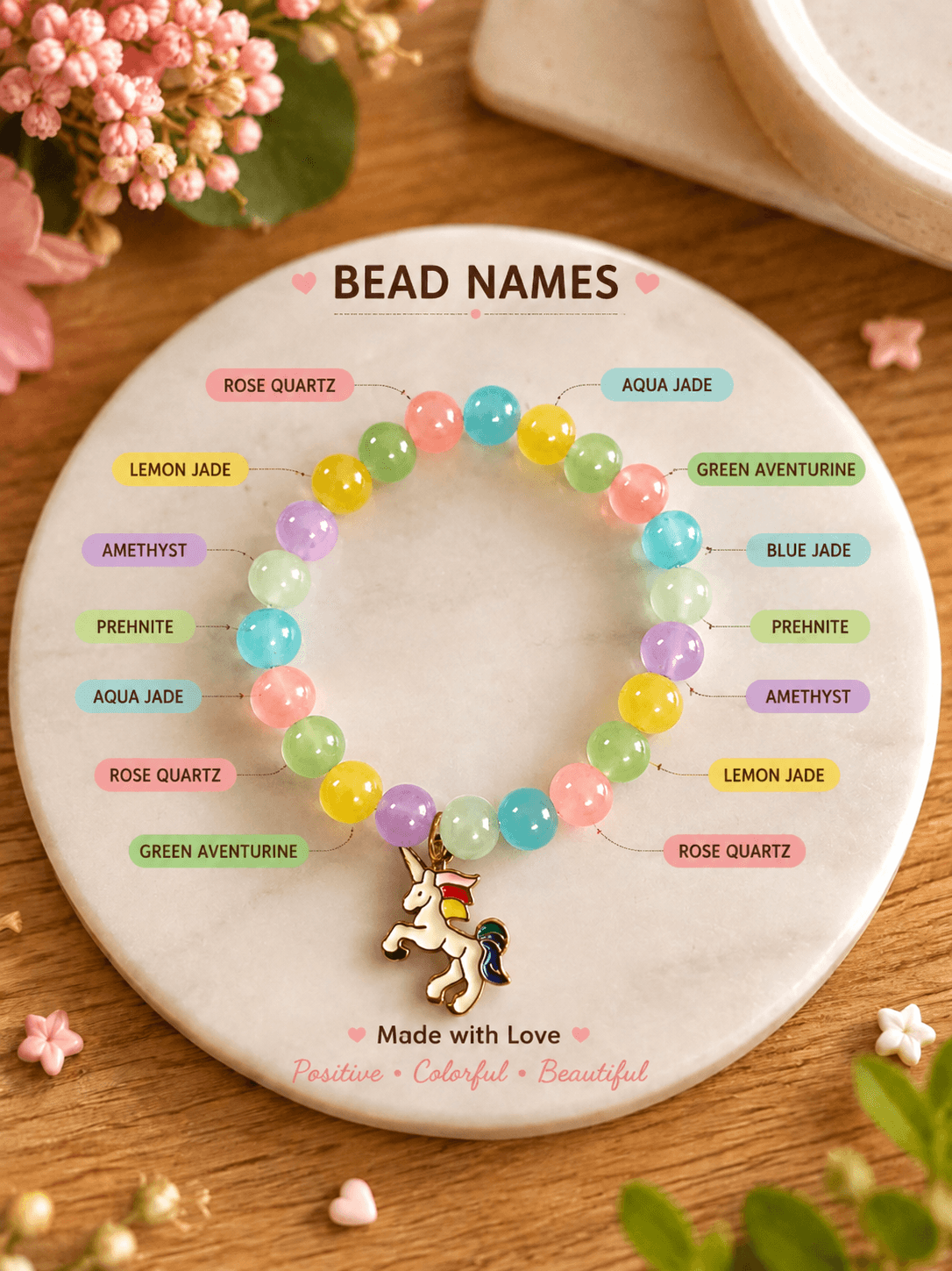 Artisan Pastel Rainbow Jelly Bead & Unicorn Charm Stretch Bracelet | Handmade Jewelry view 4