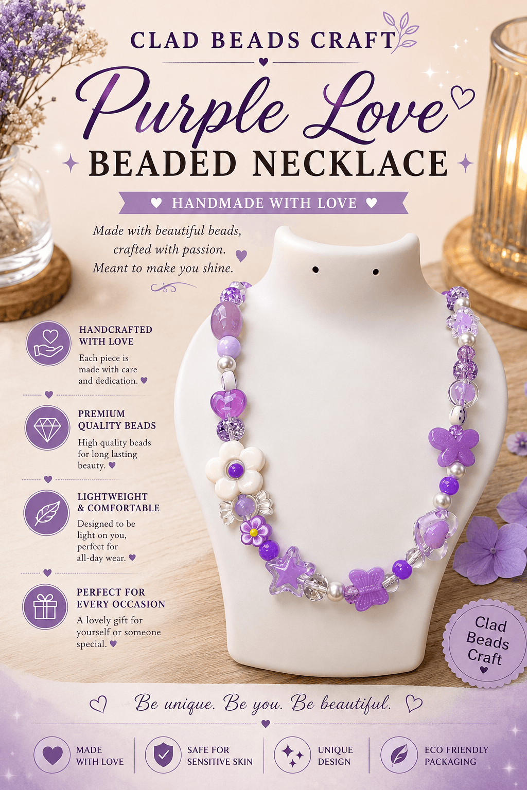 Lavender Beaded Bead Necklace view 2