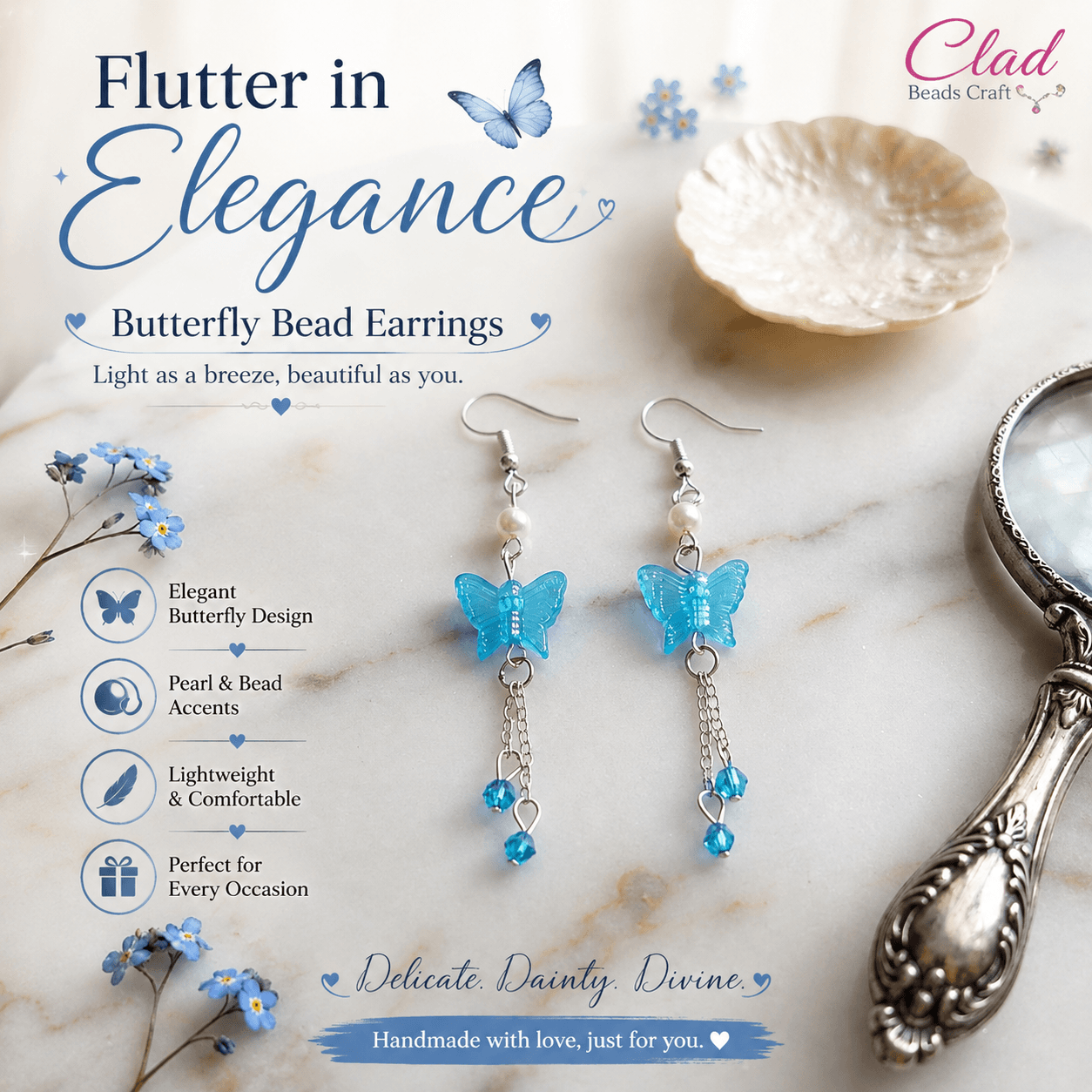 Blue Butterfly Bead Earrings view 3