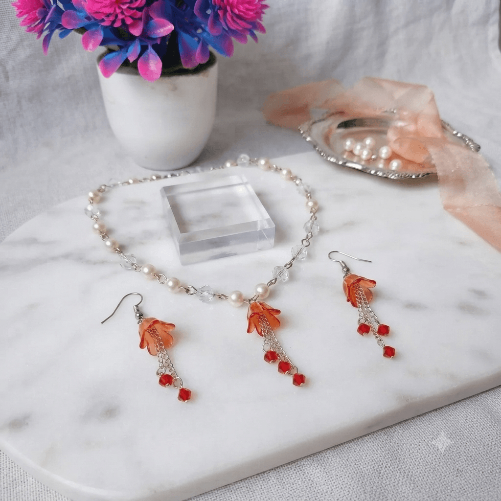 Artisan Sunset Blossom Jewelry Set | Handmade Beaded Necklace & Earrings