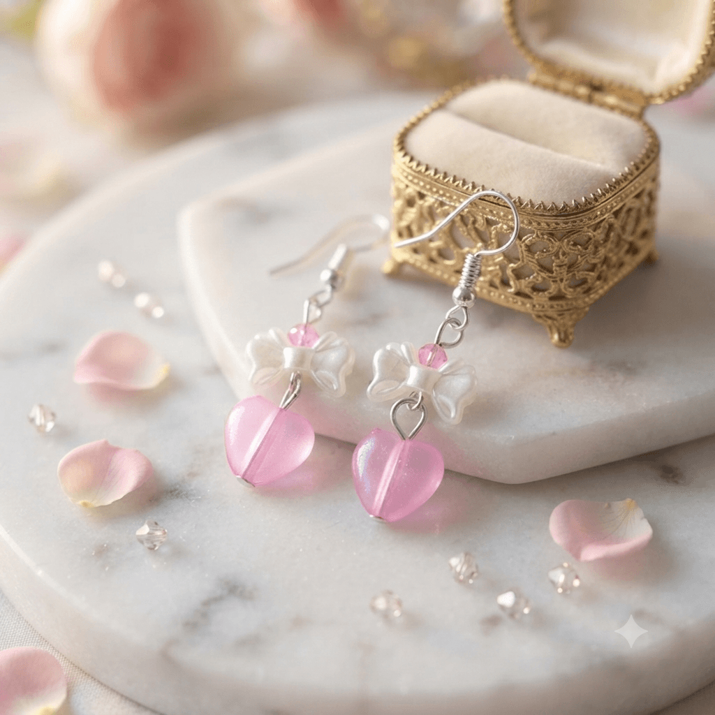 Artisan Sweetheart Bow Drop Earrings | Handmade Pink Glass & Pearl Jewelry