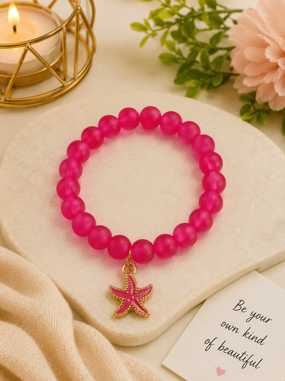 Artisan Hot Pink Jelly Bead & Starfish Charm Stretch Bracelet | Handmade Jewelry