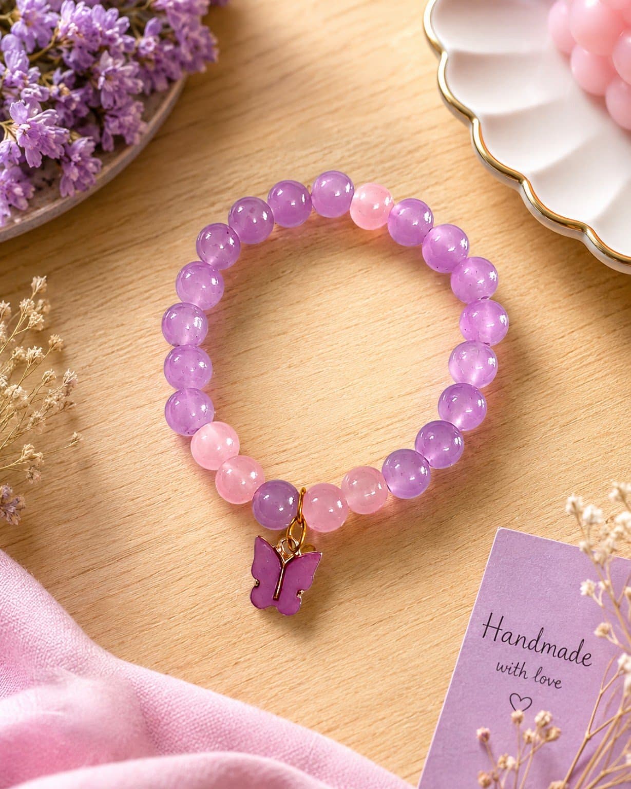 Artisan Lavender & Pink Jelly Bead & Butterfly Charm Stretch Bracelet | Handmade Jewelry